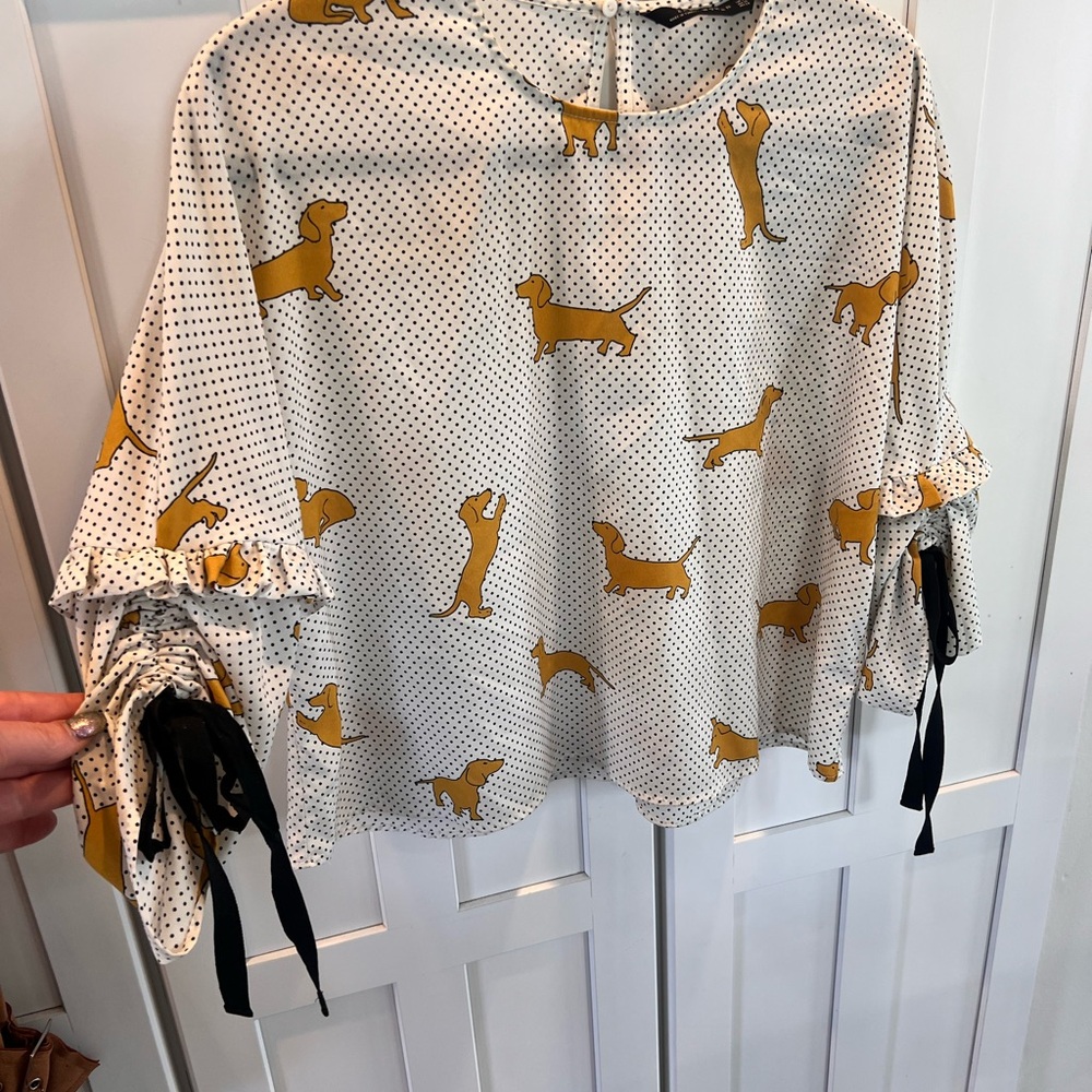 Size XS unique ZARA Dachshund dog print w/Cream & mustard, black polka dots